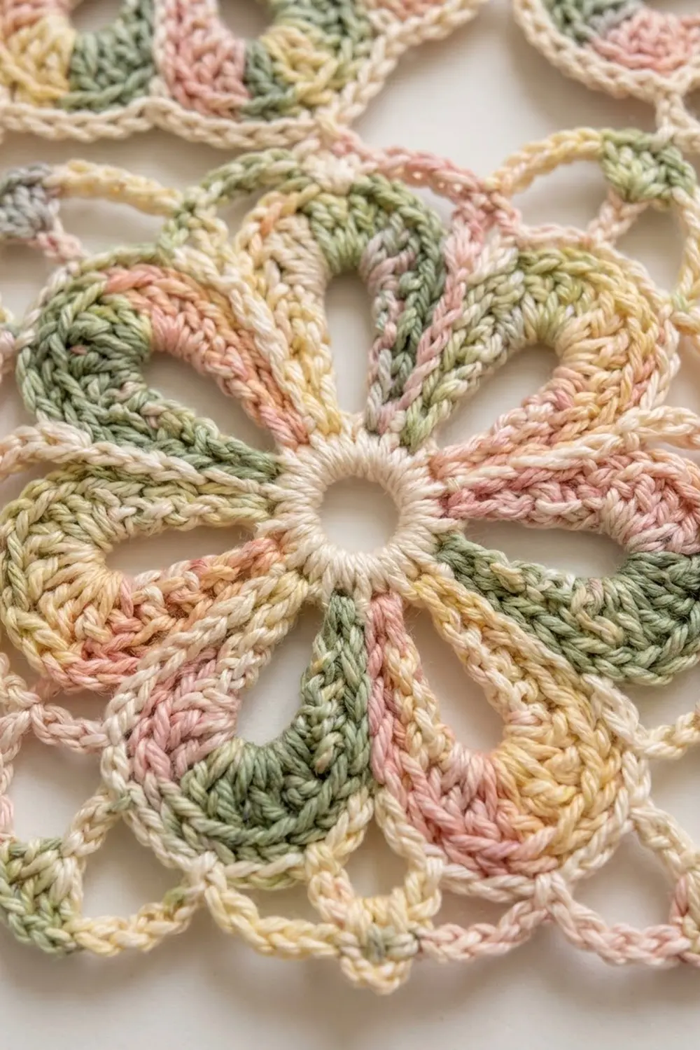 Close-up of crocheted flower motif in pastel pink, green, cream, and yellow yarns on white background.