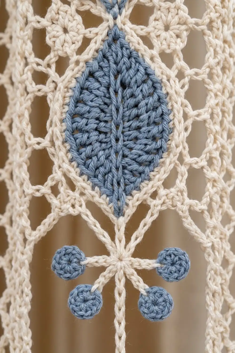 Close-up of crocheted lace featuring a blue-gray leaf motif centered between cream-colored openwork panels with matching bobbles.
