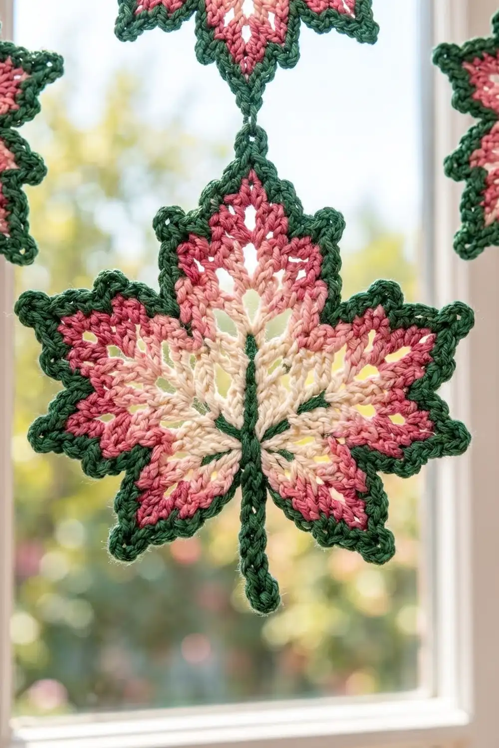 Crocheted snowflake ornament with pink, cream, and dark green yarn hanging in a sunny window.