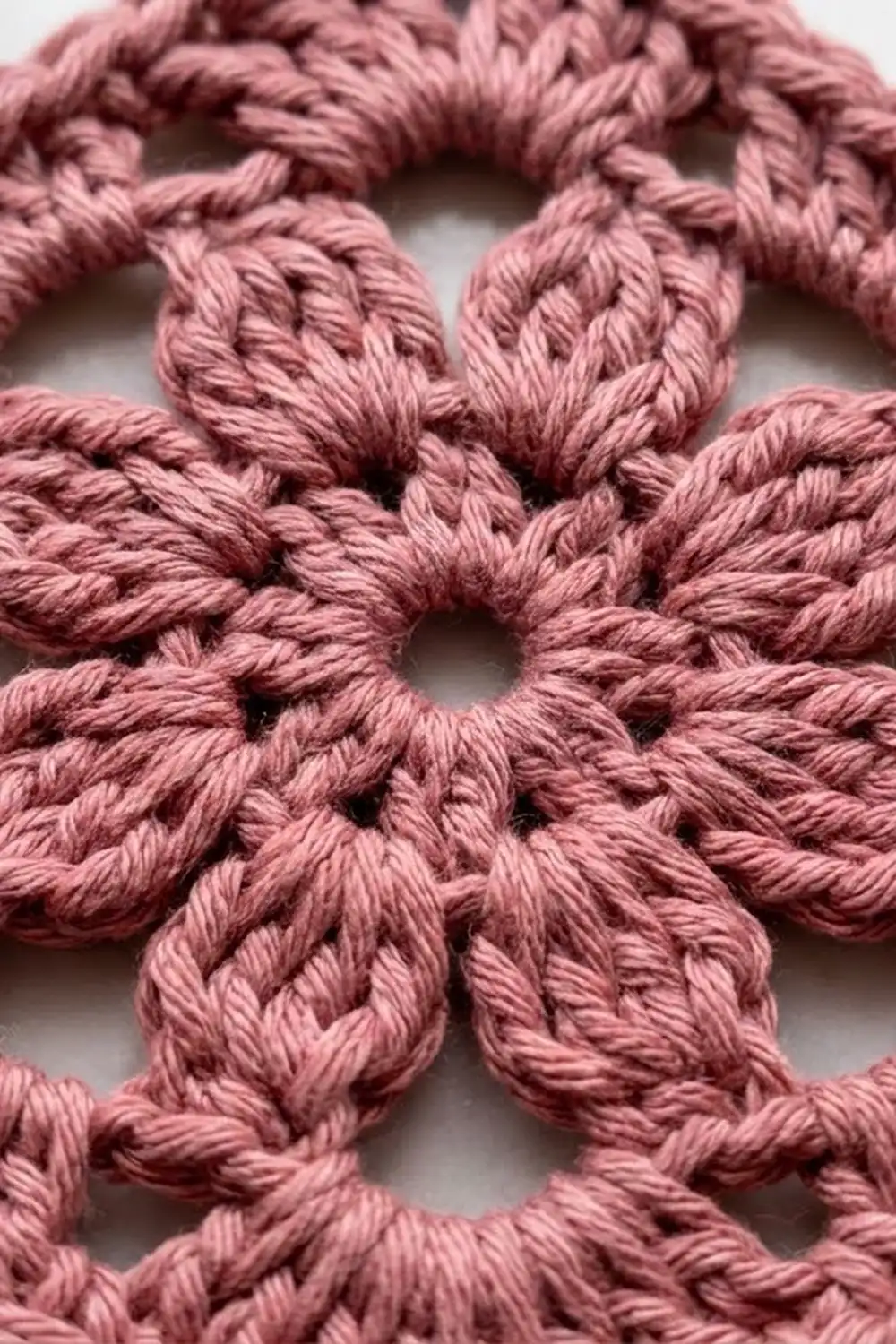 Close-up of twisted mauve-pink rope forming interlocking decorative loops against a white background.
