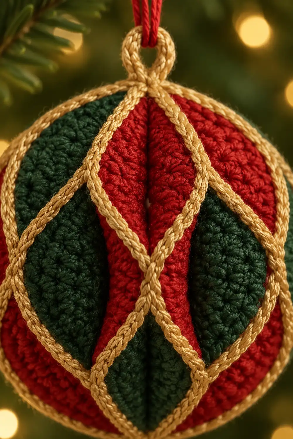 A quilted Christmas ornament with red and green fabric sections outlined in gold rope trim, hanging from a red ribbon.