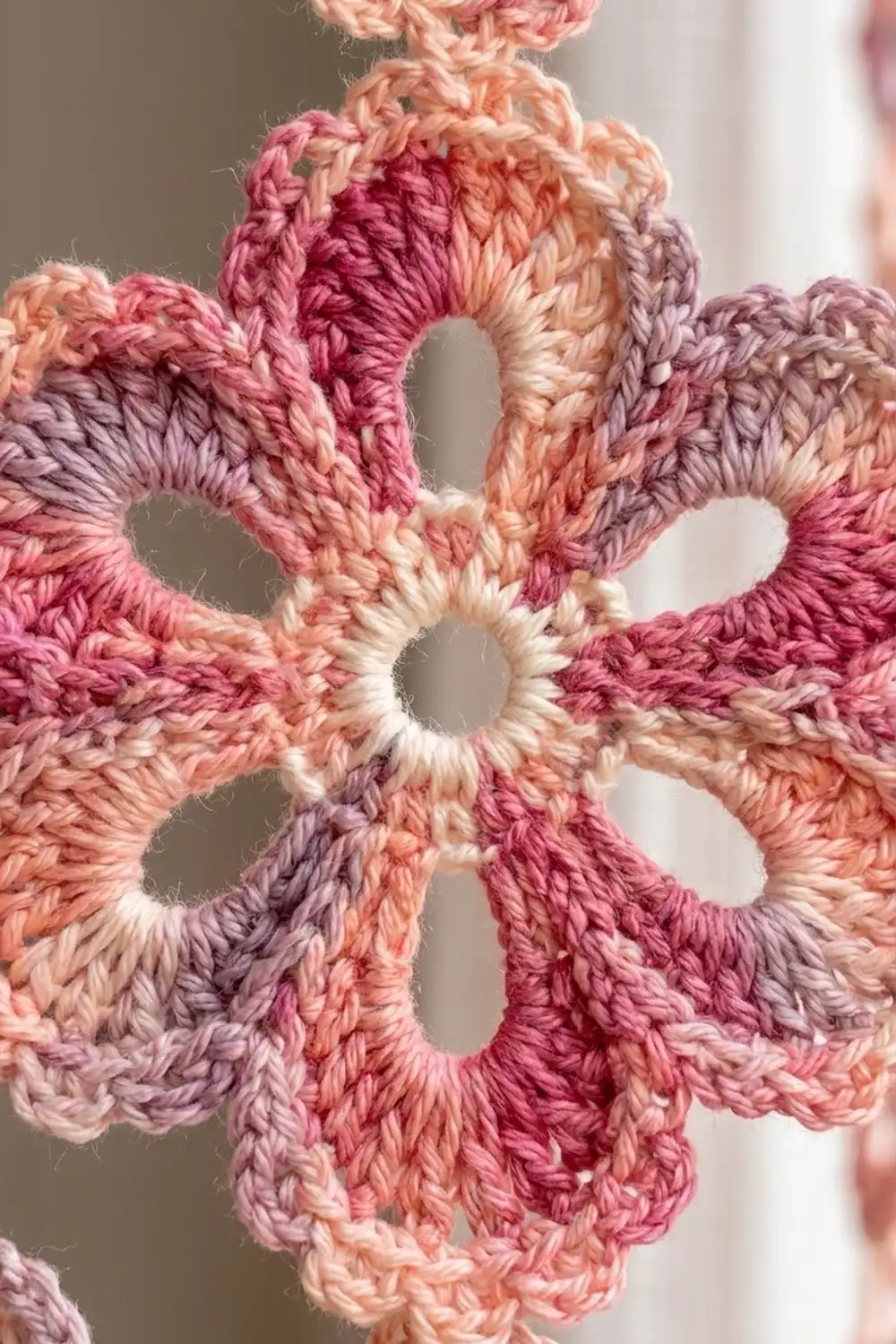Close-up of a crocheted snowflake ornament in pink, peach, and lavender gradient colors with open lacework detail.