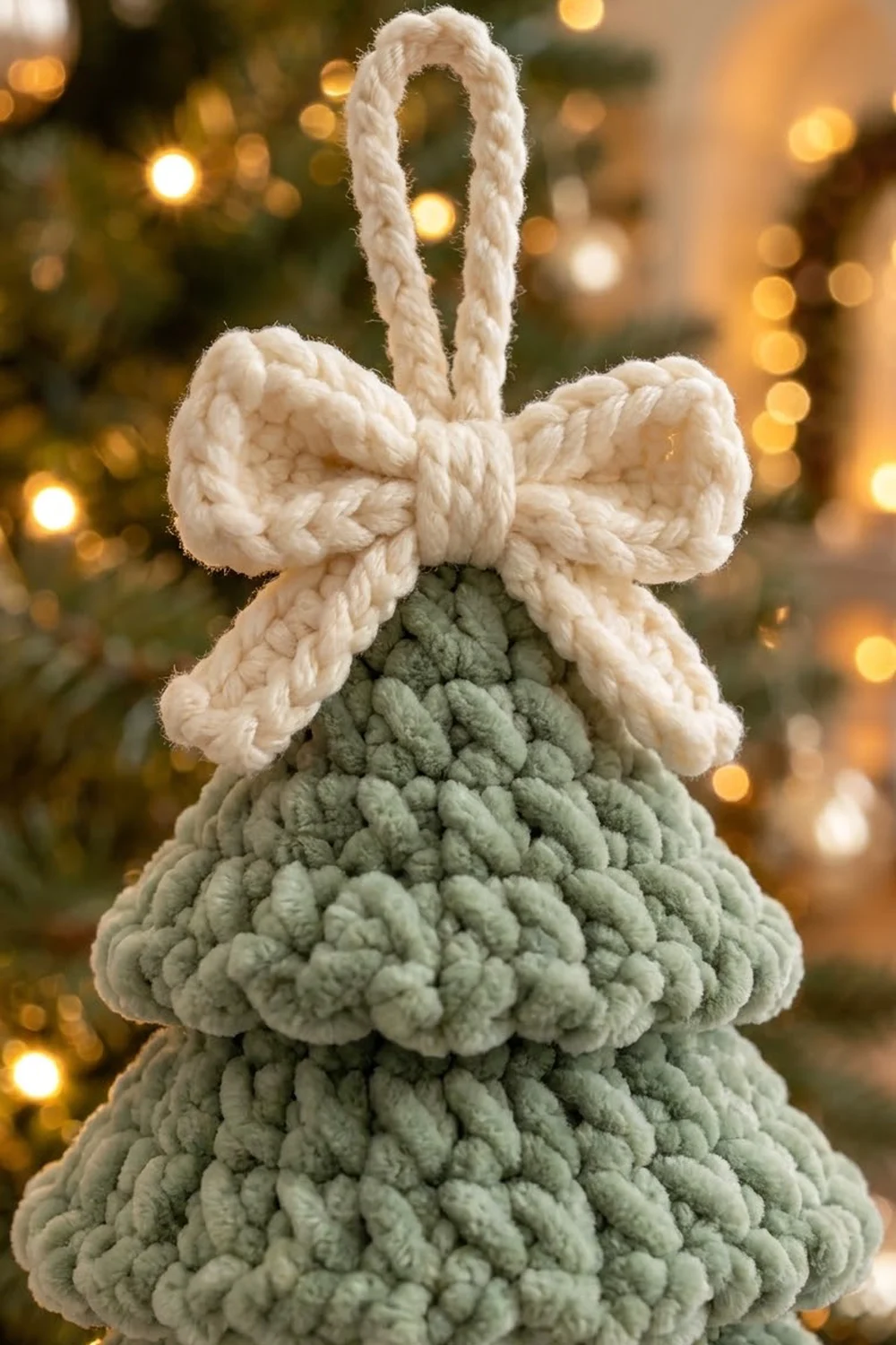A handmade sage green rope Christmas tree ornament with a cream-colored bow, displayed against blurred holiday lights.