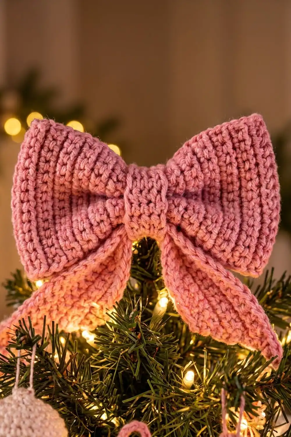 A pink crocheted bow ornament adorns an evergreen garland decorated with warm white string lights.