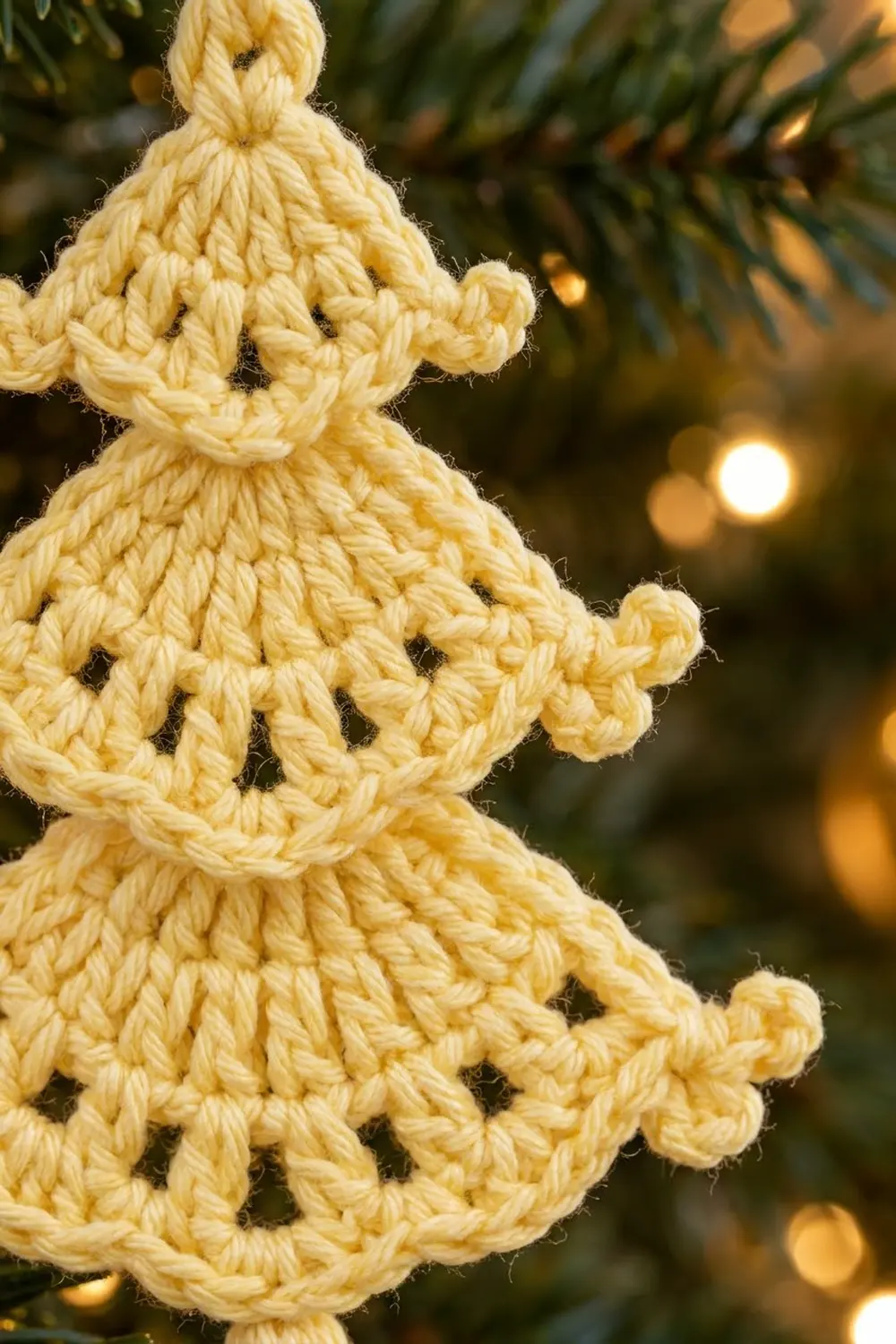 A handmade crocheted Christmas tree ornament in cream-colored yarn with decorative bobbles, photographed against twinkling warm lights.