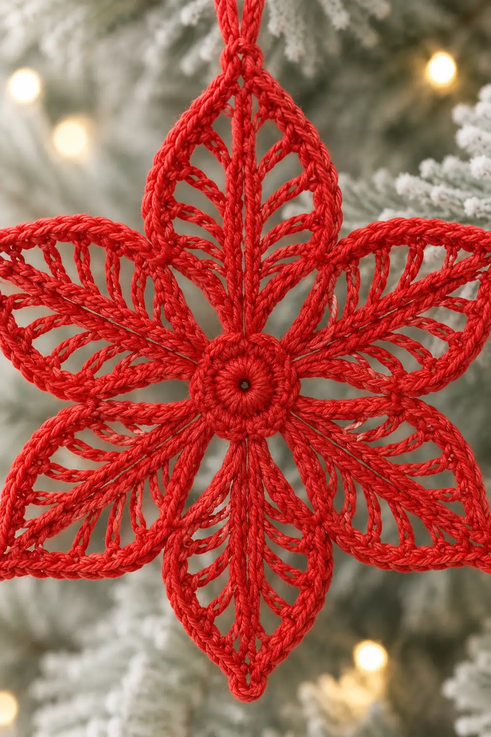 A red crocheted snowflake ornament with intricate lace petals hanging against a frosted evergreen tree.