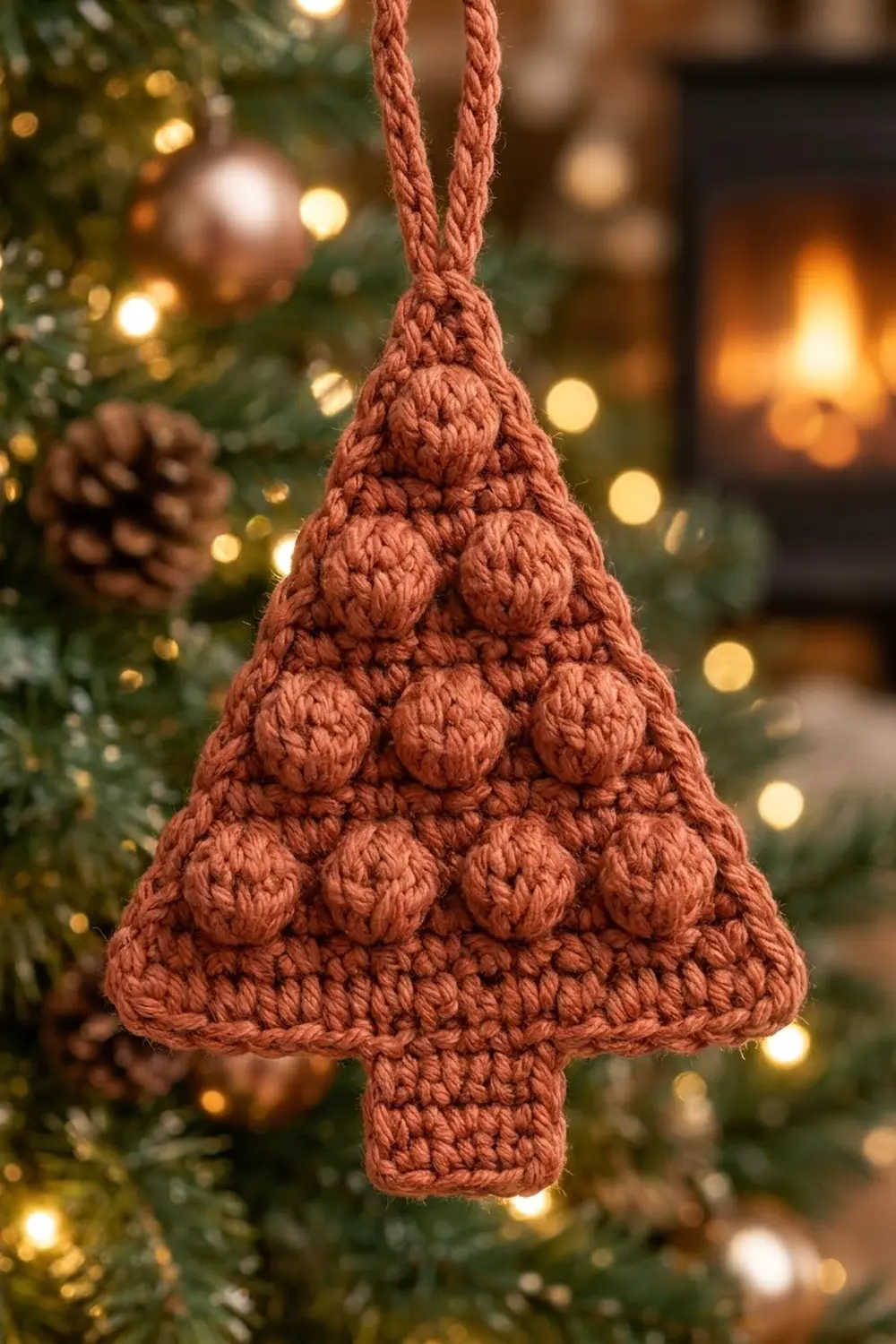 A terracotta crocheted Christmas tree ornament hanging among evergreen branches and glowing lights.