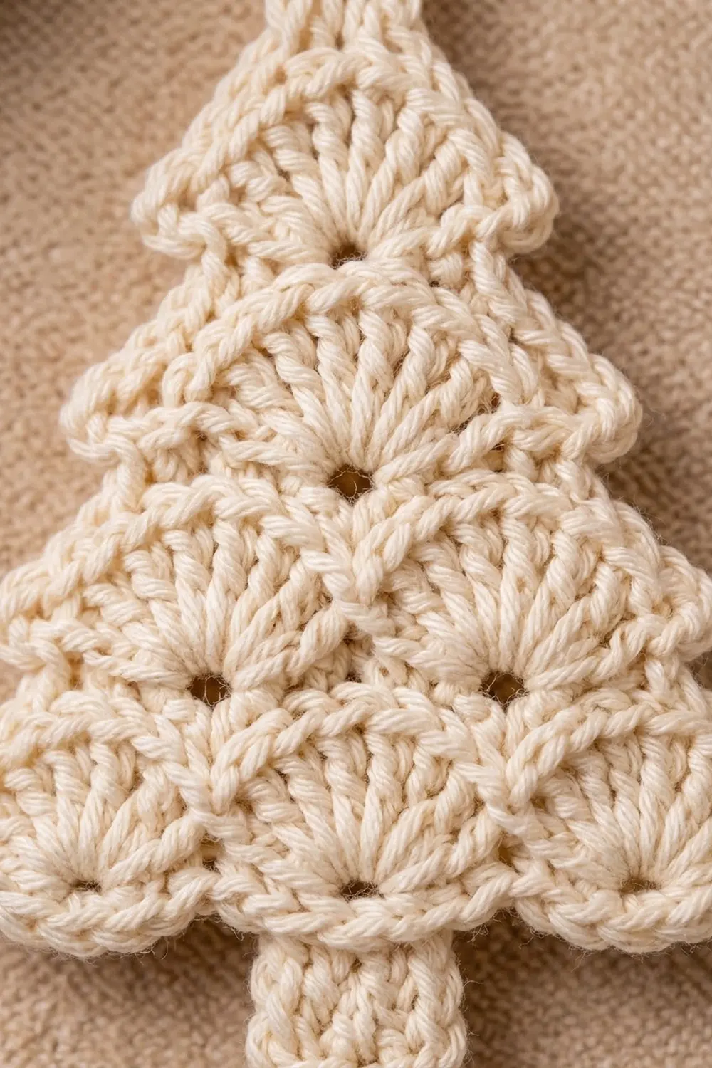 Close-up of a handmade crocheted Christmas tree ornament in cream-colored yarn against a beige textile background.