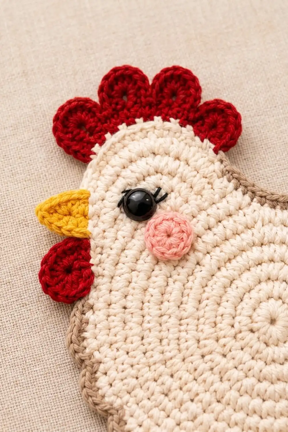 A crocheted cream-colored chicken with red comb, yellow beak, and black eye on beige fabric.
