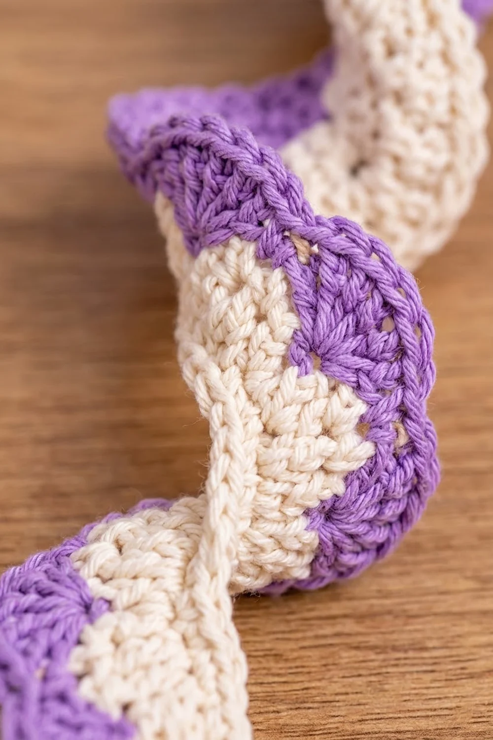 Close-up of purple and cream crocheted fabric with alternating diagonal stripes on wooden surface.