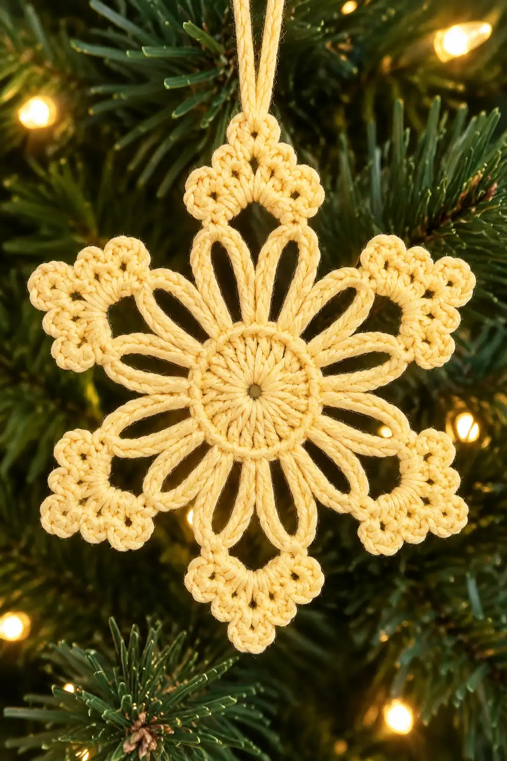 A cream-colored crocheted snowflake ornament hangs from twine on an evergreen branch with warm lights.