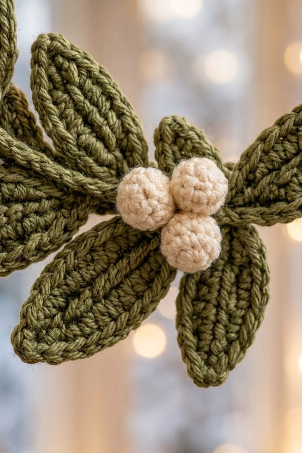 Crocheted cactus ornament with olive green leaves and cream-colored berries against a blurred bokeh background.