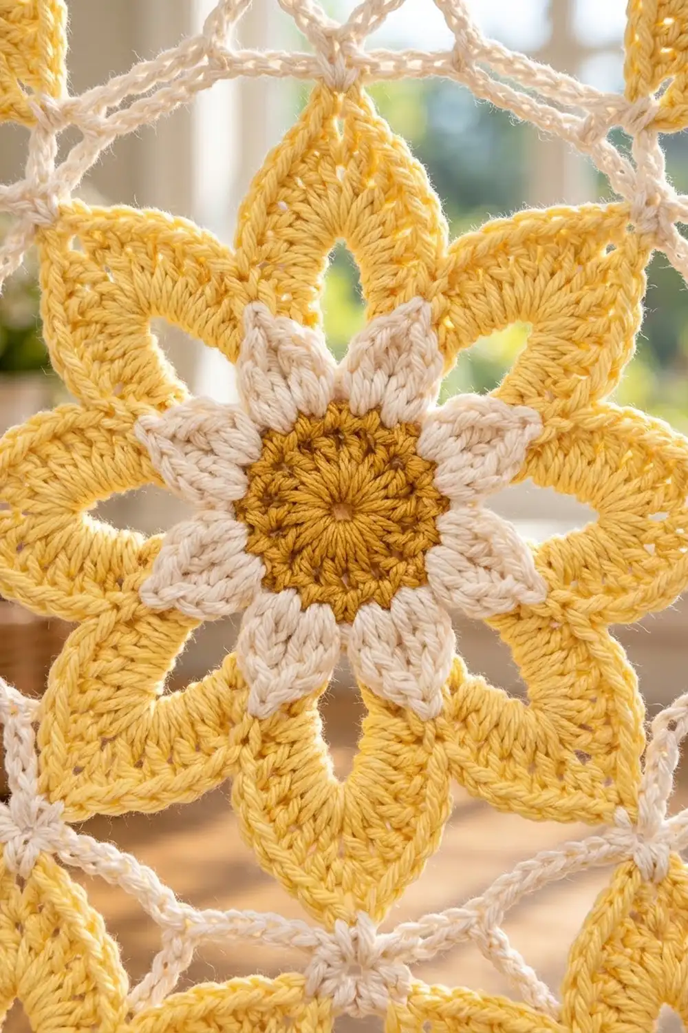 Close-up of a crocheted sunflower ornament in yellow and cream yarn hanging in a window.