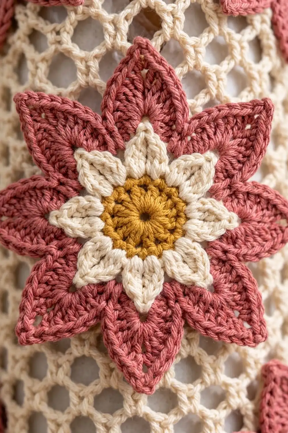 A crocheted flower with dusty rose petals, cream middle petals, and golden yellow center, mounted on an open-weave cream backdrop.