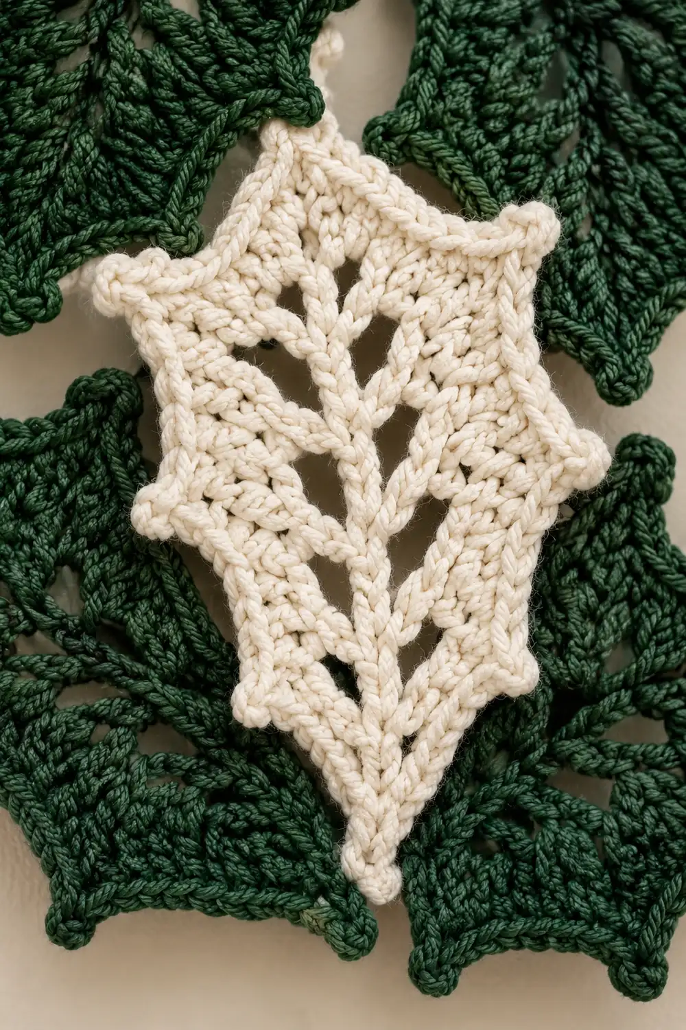 Cream-colored crocheted leaf ornament surrounded by green knitted ivy leaves in close-up detail.