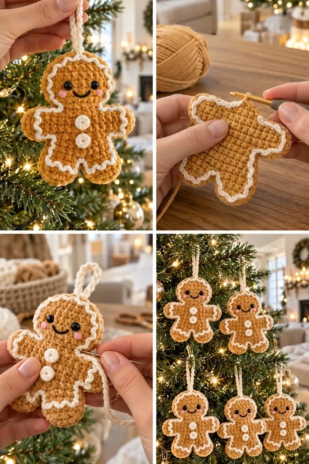 Crocheted gingerbread man ornaments with white frosting details and button embellishments hanging on a decorated Christmas tree.