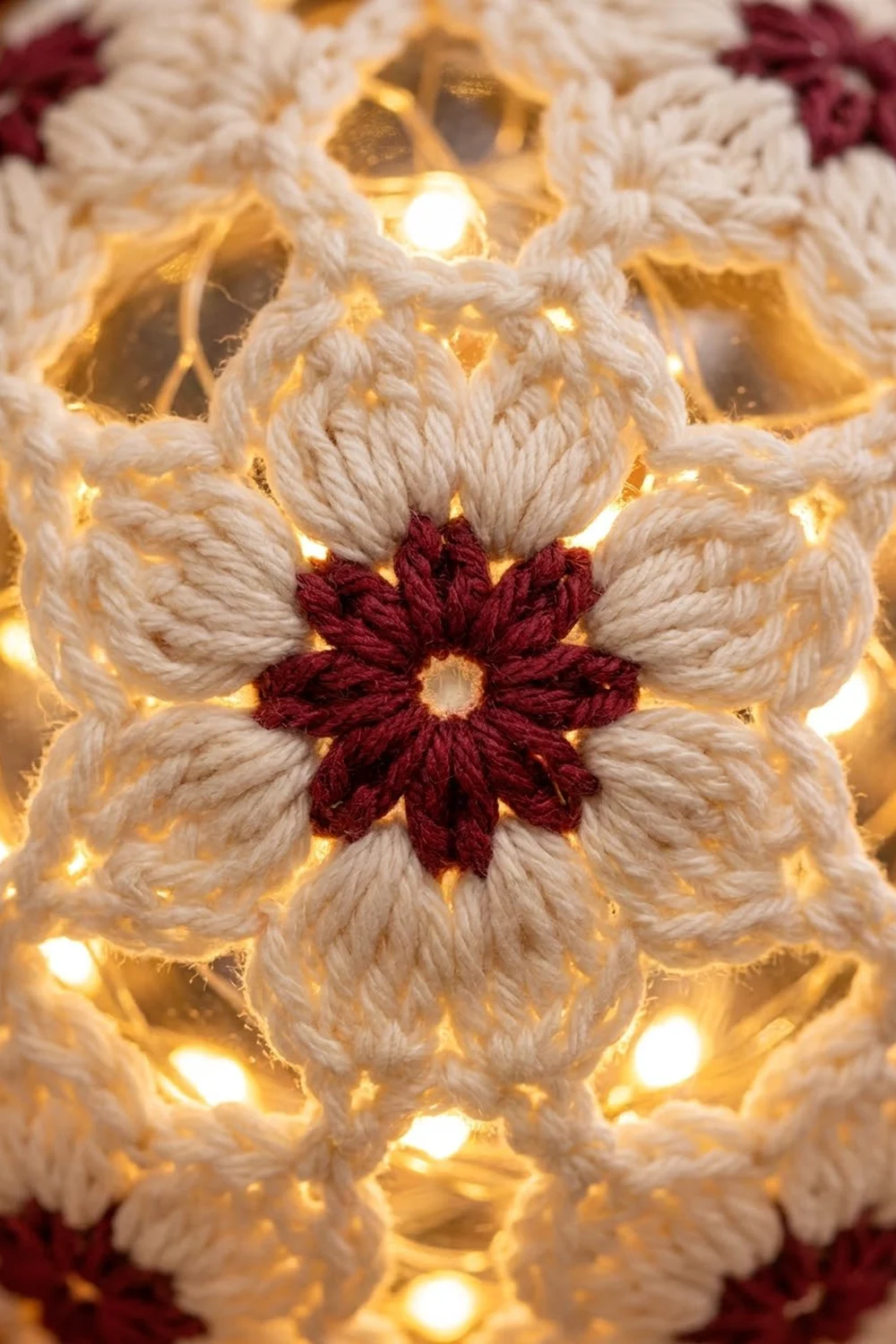 Handmade macramé flowers with cream petals and burgundy centers surrounded by warm golden string lights.