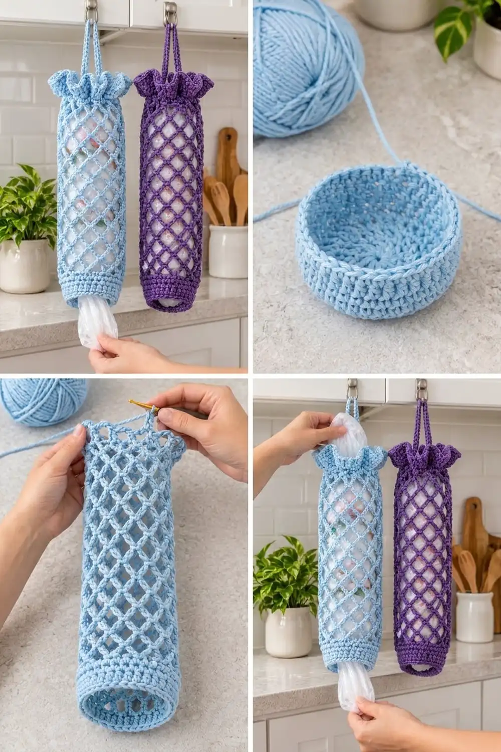Crocheted plastic bag holders in light blue and purple with open lattice pattern hanging in a kitchen.