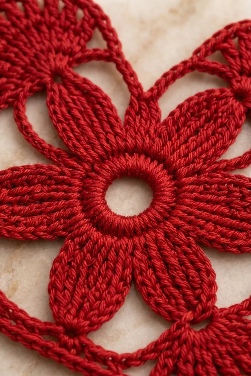 Close-up of red crocheted flower motifs with open petals and circular centers on cream-colored fabric background.