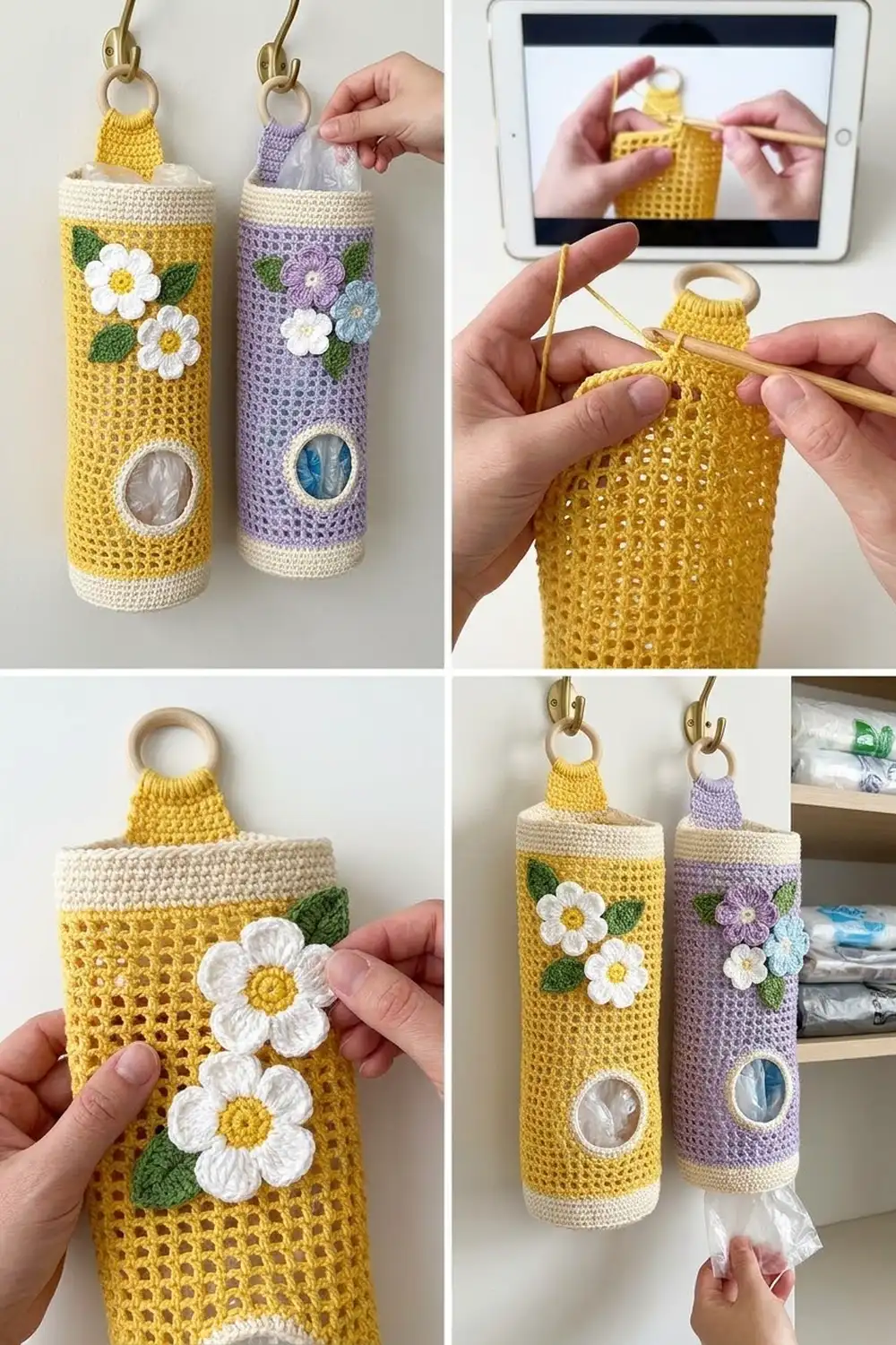 Crocheted tissue holder keychain in yellow with white daisy flowers and clear window detail displayed.