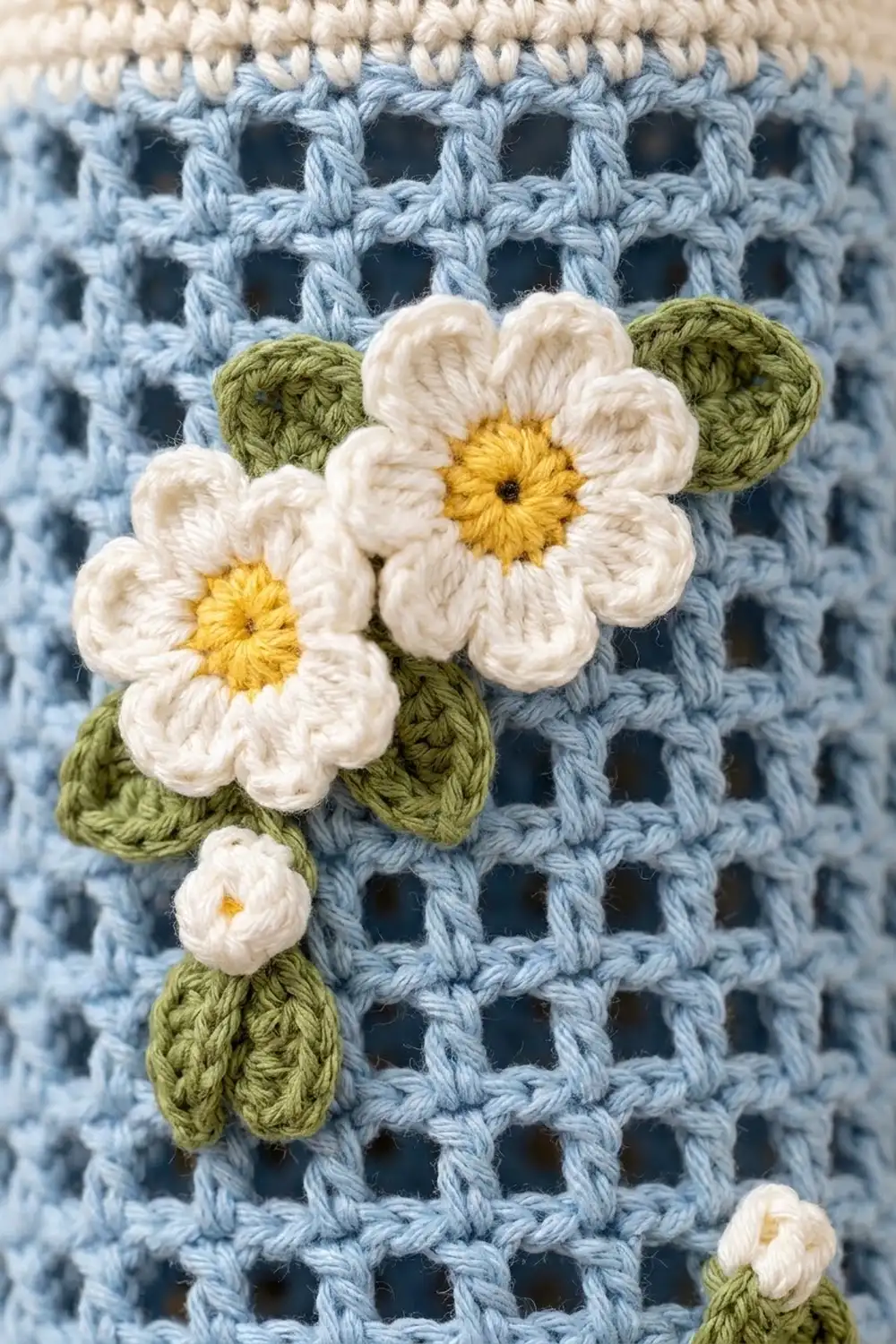 Crocheted white daisies with yellow centers and green leaves attached to a light blue openwork knit fabric.