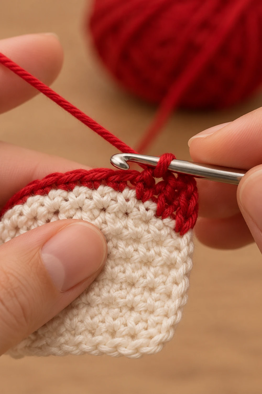 Close-up of hands crocheting red yarn into cream-colored fabric using a silver hook.
