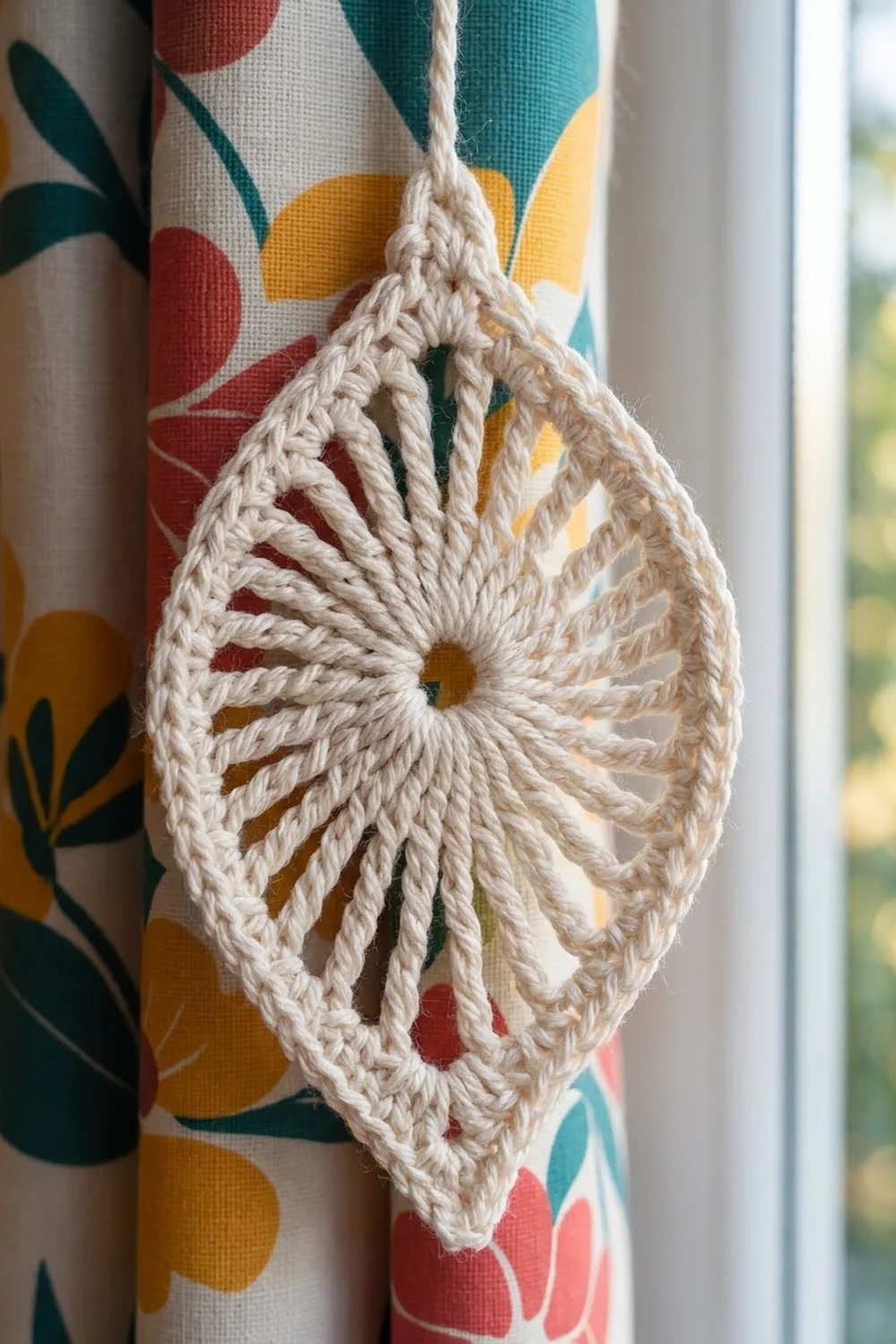A cream macramé leaf-shaped curtain tie holder hangs on a colorful floral patterned curtain panel.