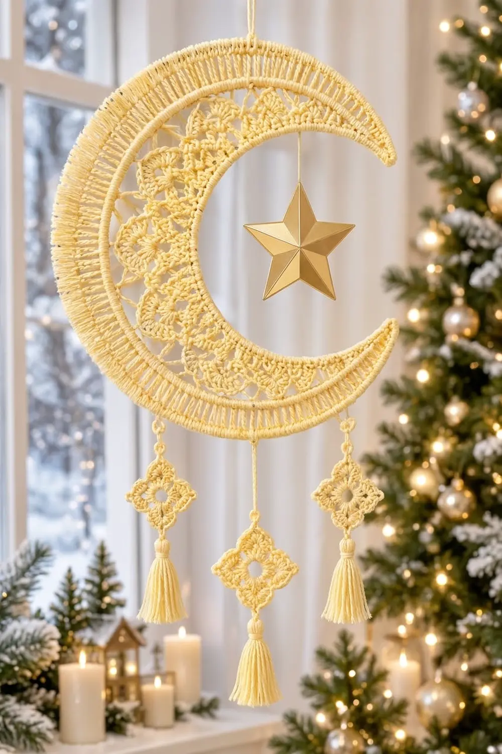 Gold crocheted moon ornament with hanging star and tassels displayed in festive Christmas window setting.