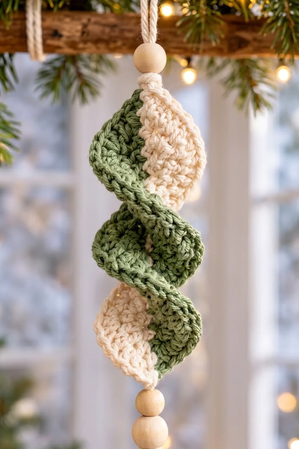 Handmade crocheted ornament with alternating green and cream teardrop shapes suspended by twine with wooden beads.