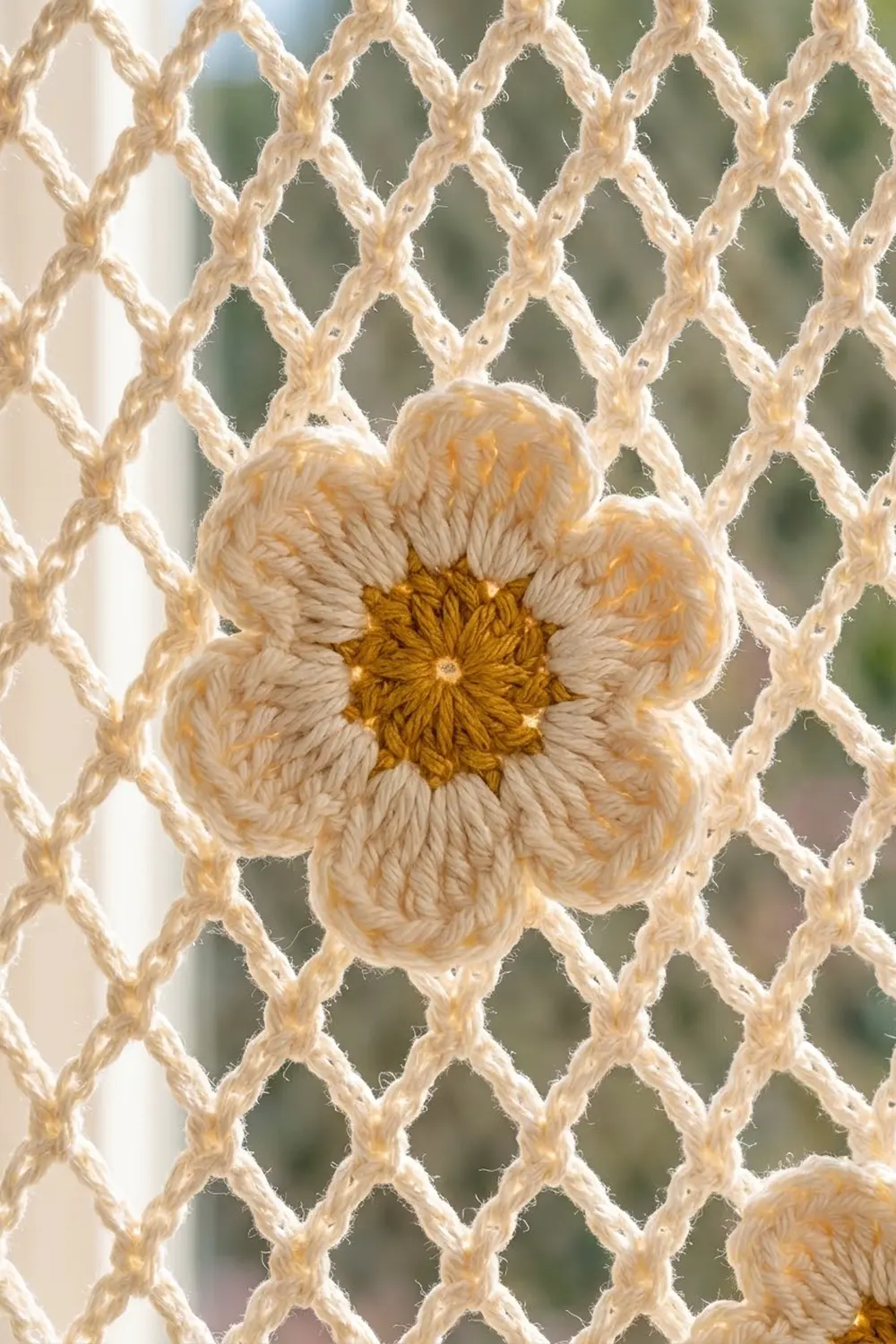 Crocheted cream flower with golden yellow center attached to a beige lattice mesh background.