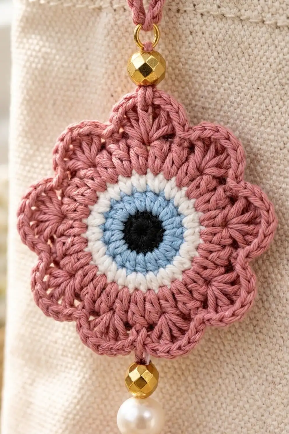 A crocheted pink flower with a blue and white eye pendant hangs from a mauve cord against a beige textile background.