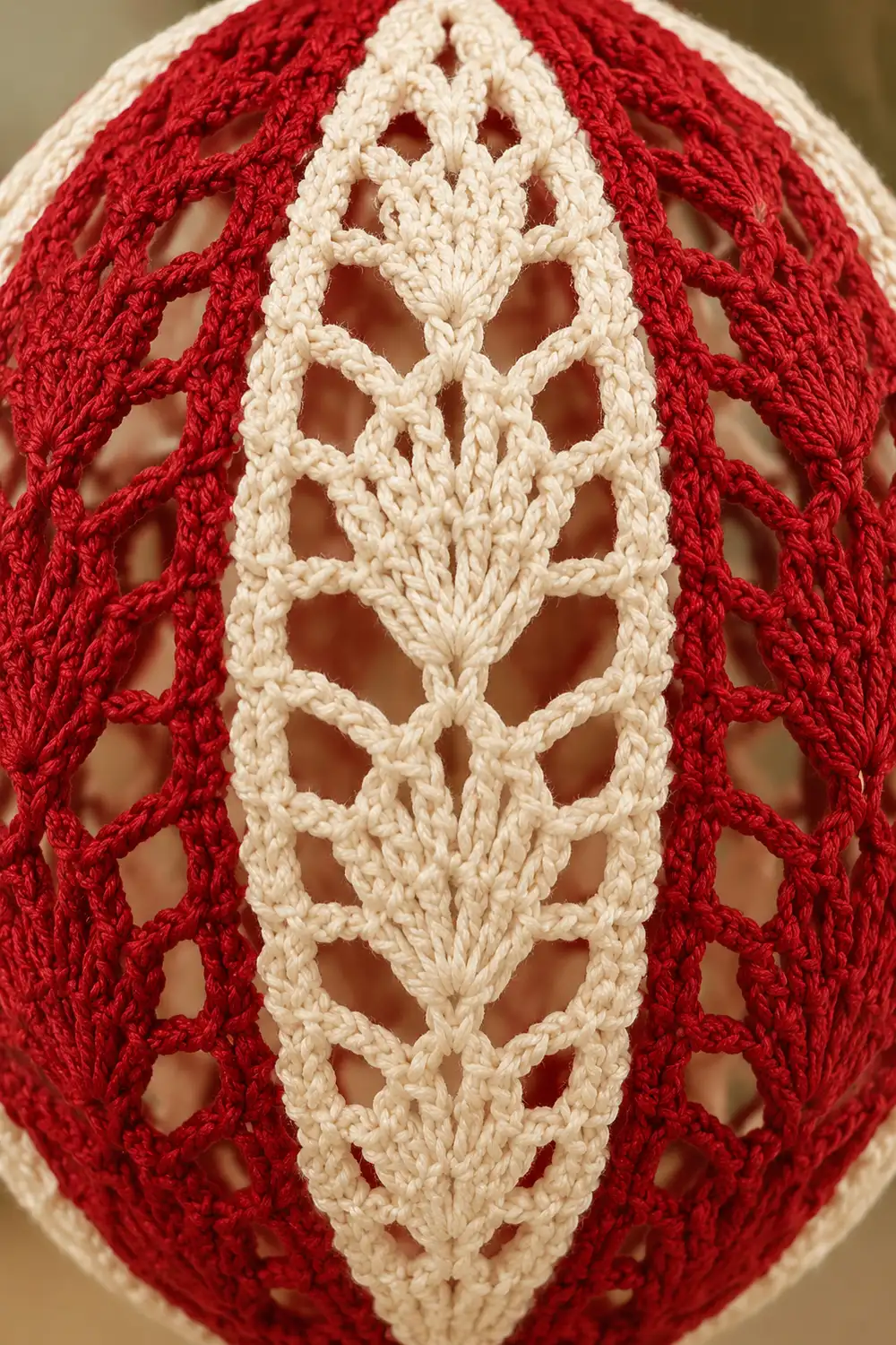 Close-up of a crocheted oval doily featuring cream-colored lace center panel surrounded by red openwork borders.