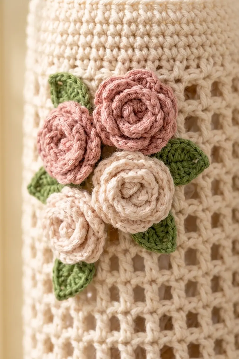 Crocheted flowers in pink, cream, and green attached to a cream-colored textured fabric backdrop.