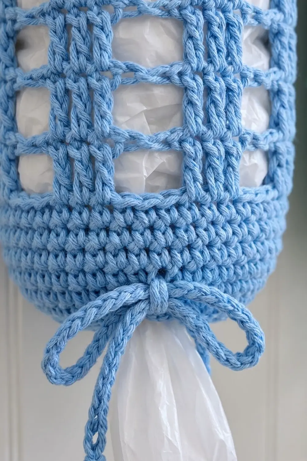 Close-up of a light blue crocheted mesh bag with rope drawstring ties against a white background.