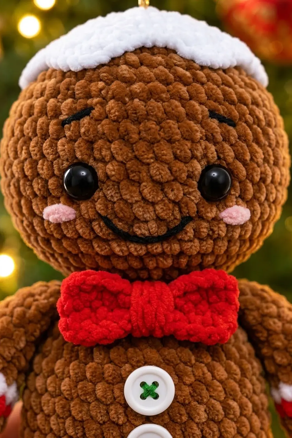 A cute crocheted gingerbread man ornament with a red bow tie and white snow hat against a blurred holiday background.