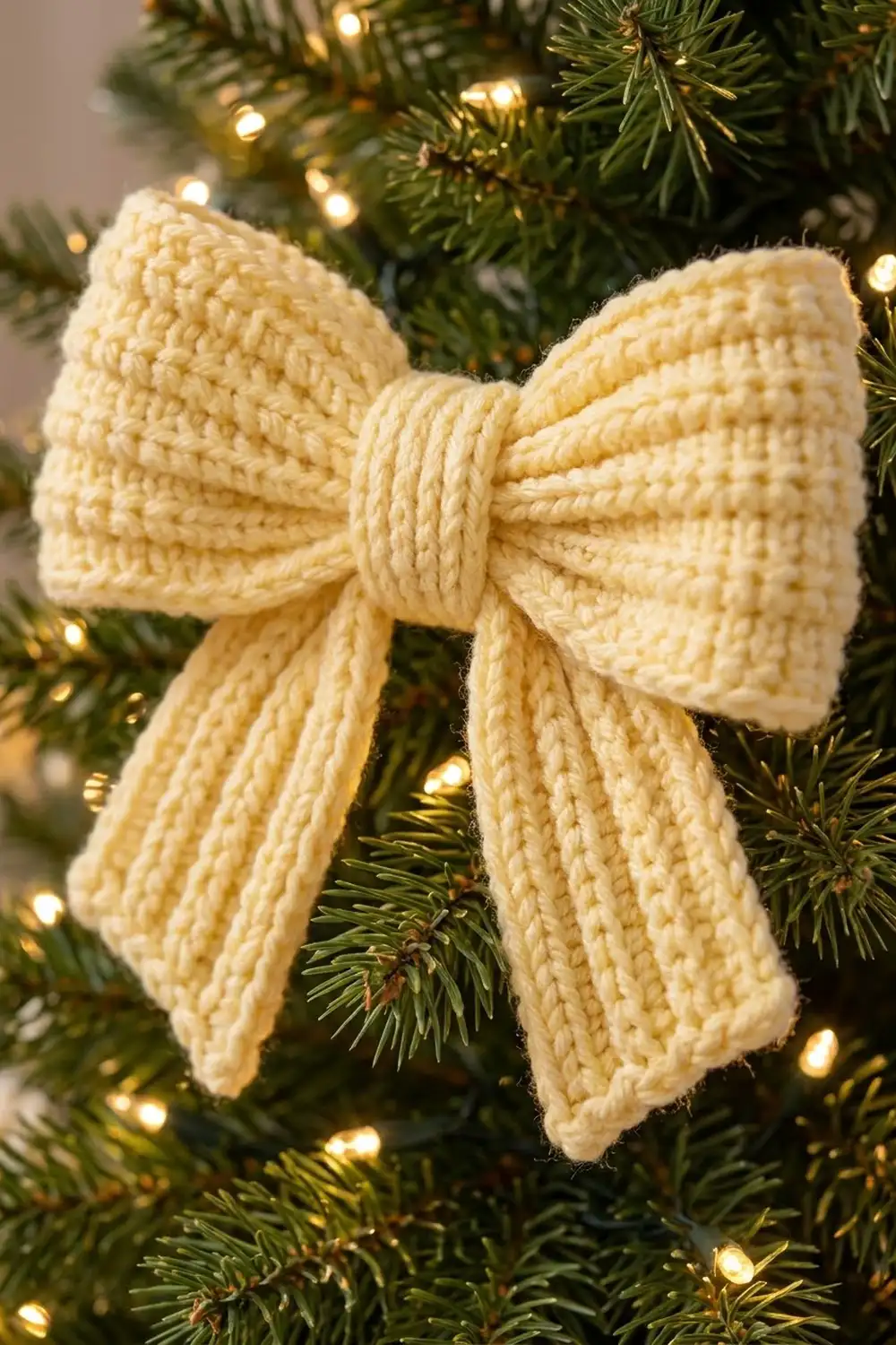 A cream-colored knitted bow ornament tied with twine, displayed on an evergreen garland with warm white lights.