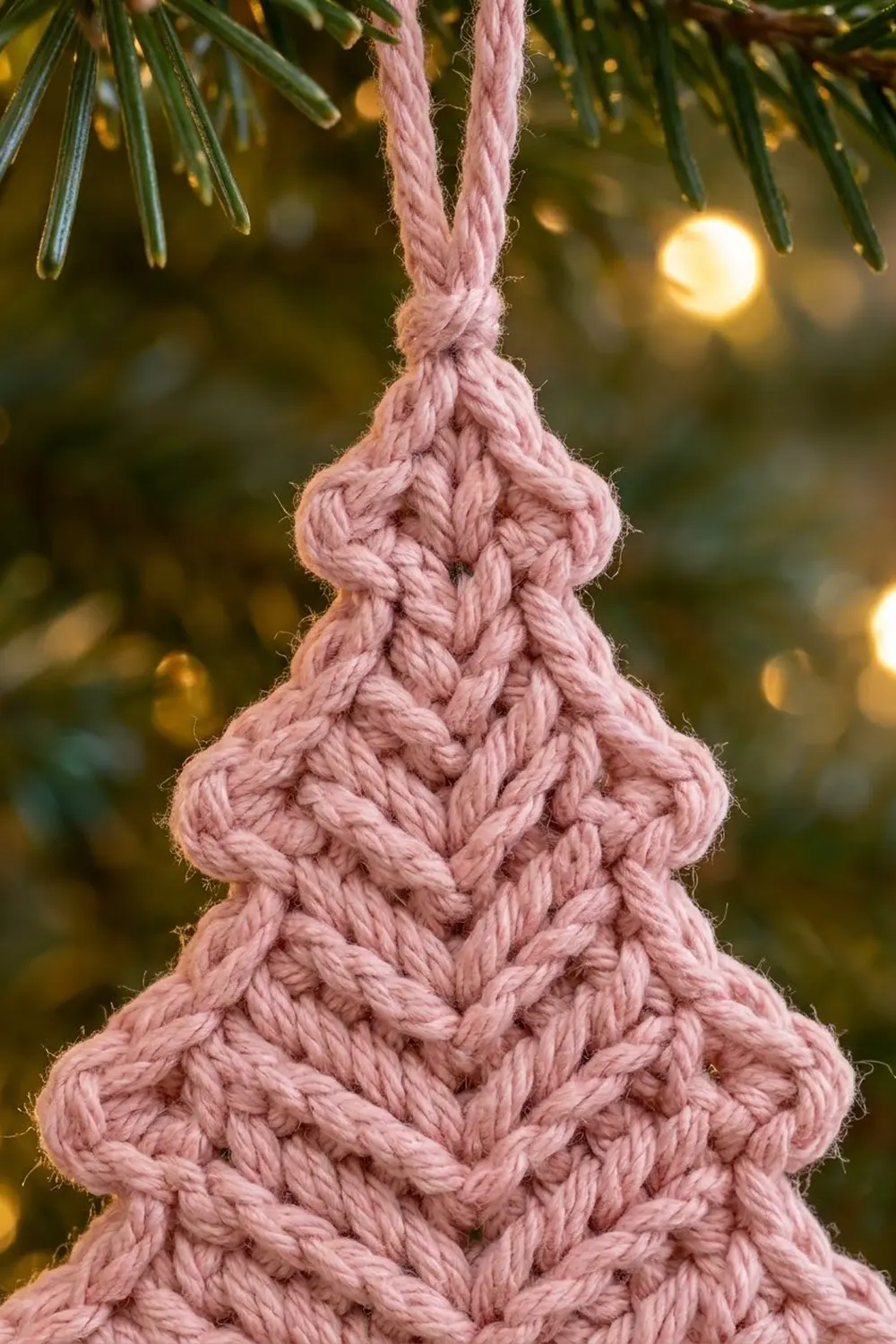 A pink macramé tree ornament with braided rope texture hangs from evergreen branches with warm bokeh lights behind.