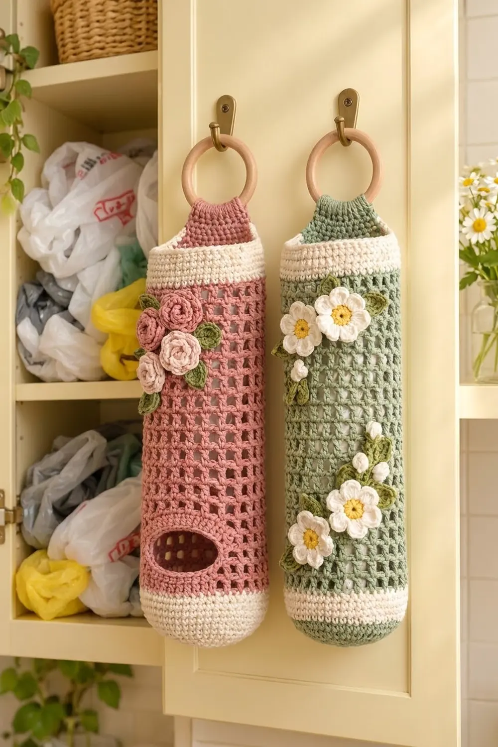 Two crocheted hanging organizers in pink and sage green with floral embellishments mounted on a cream cabinet door.
