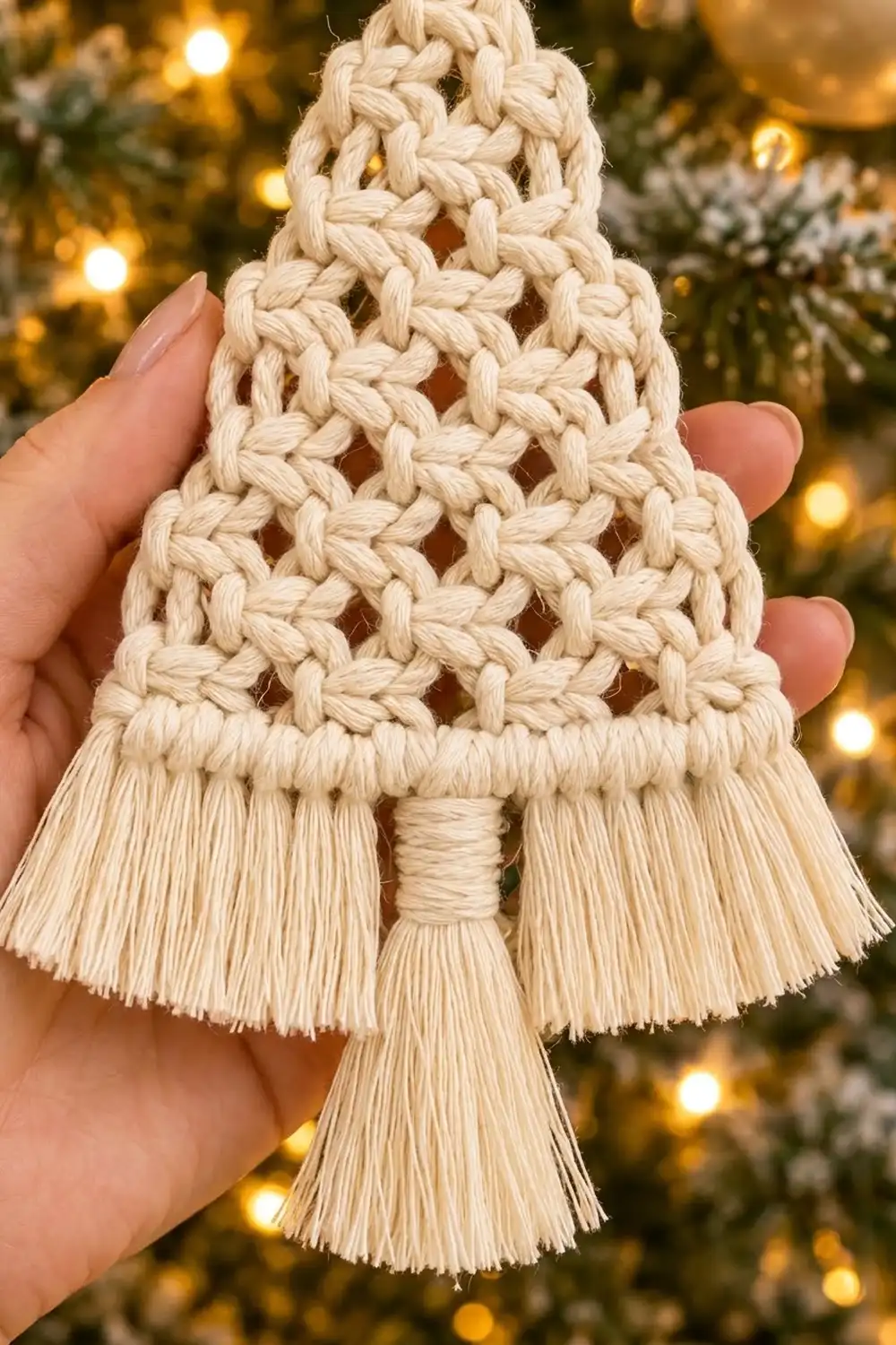 A handmade macramé Christmas tree ornament in natural cream cotton with tassel trim held against a blurred festive background.