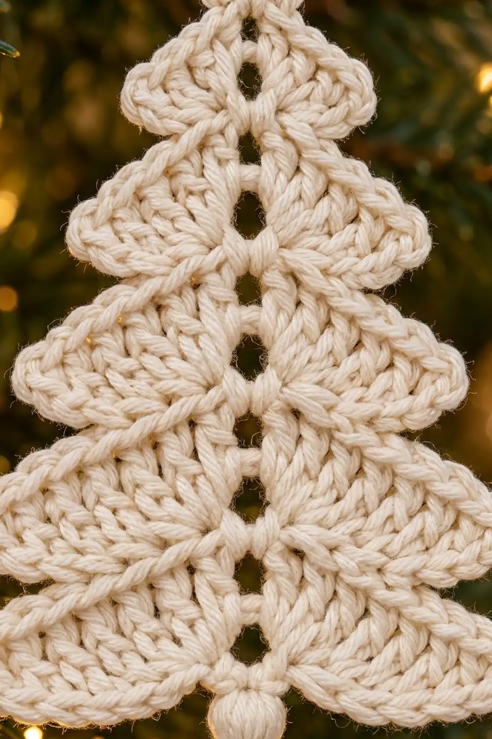 A cream-colored crocheted Christmas tree ornament with openwork diamond patterns hangs against a blurred festive background.