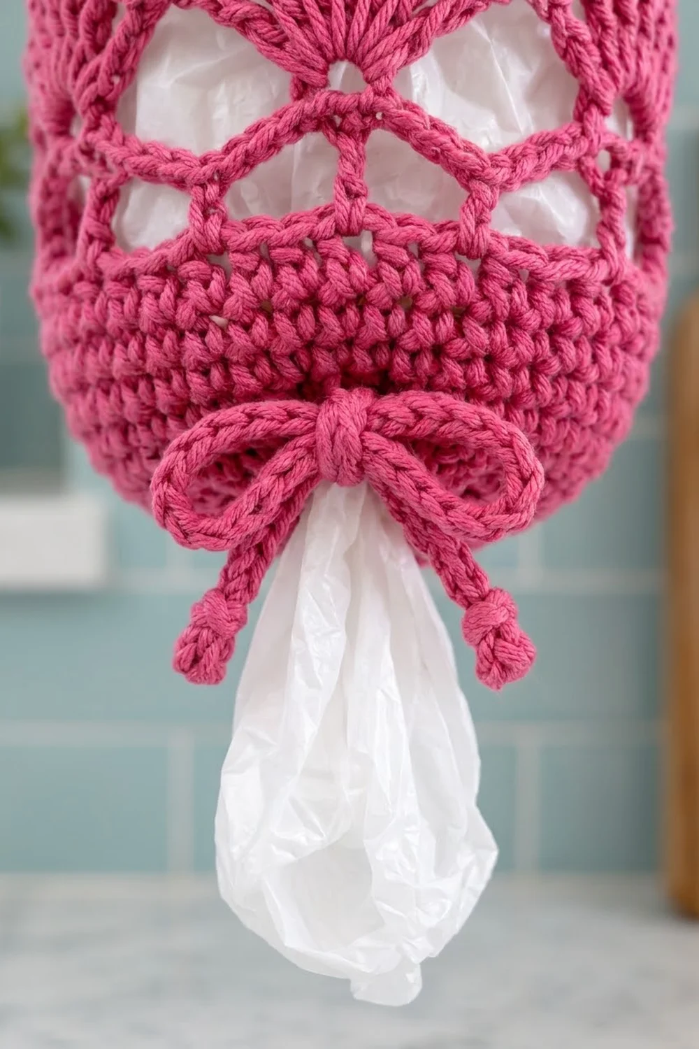 A bright pink crocheted skull with white eye sockets, nose, and yarn mustache against a soft blurred background.