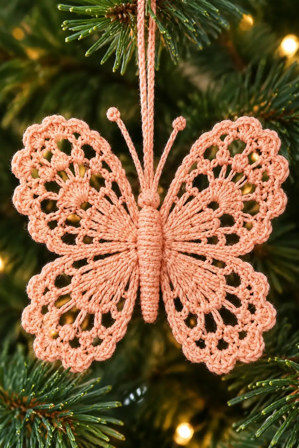 Peach-colored crocheted butterfly ornament hanging from evergreen branch with warm lights.