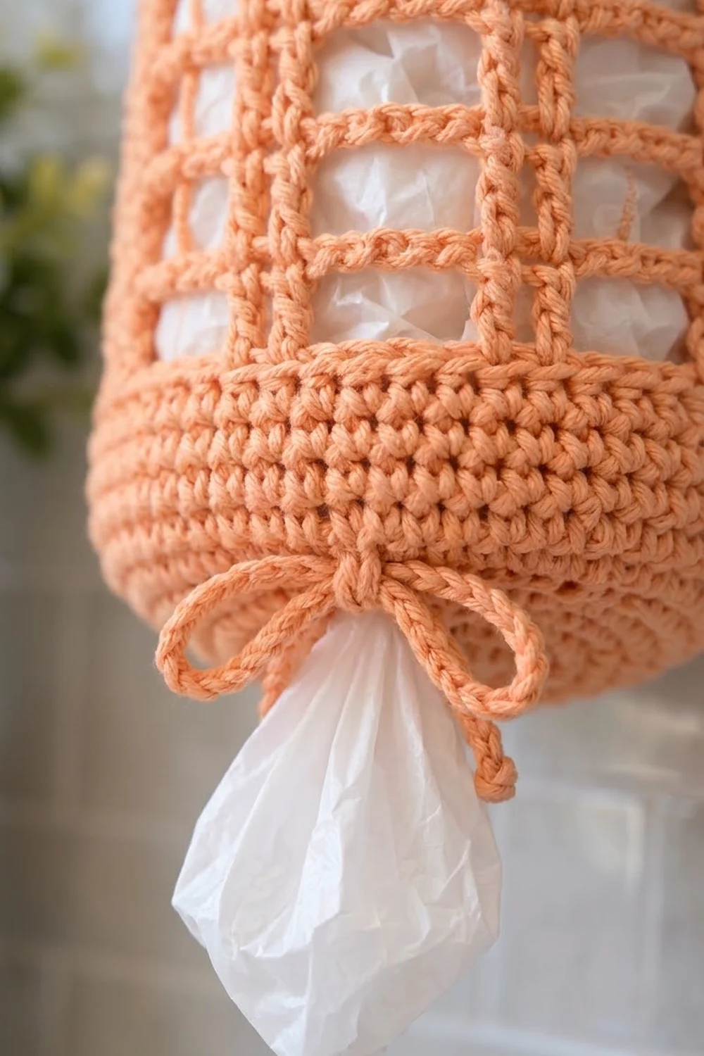 Peach crochet detail with rope-textured grid pattern, dense lower stitches, decorative cord bow, and white tulle.