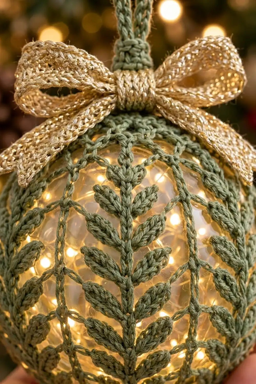 Sage green crocheted ornament glowing with warm white lights, topped with a gold metallic ribbon bow.