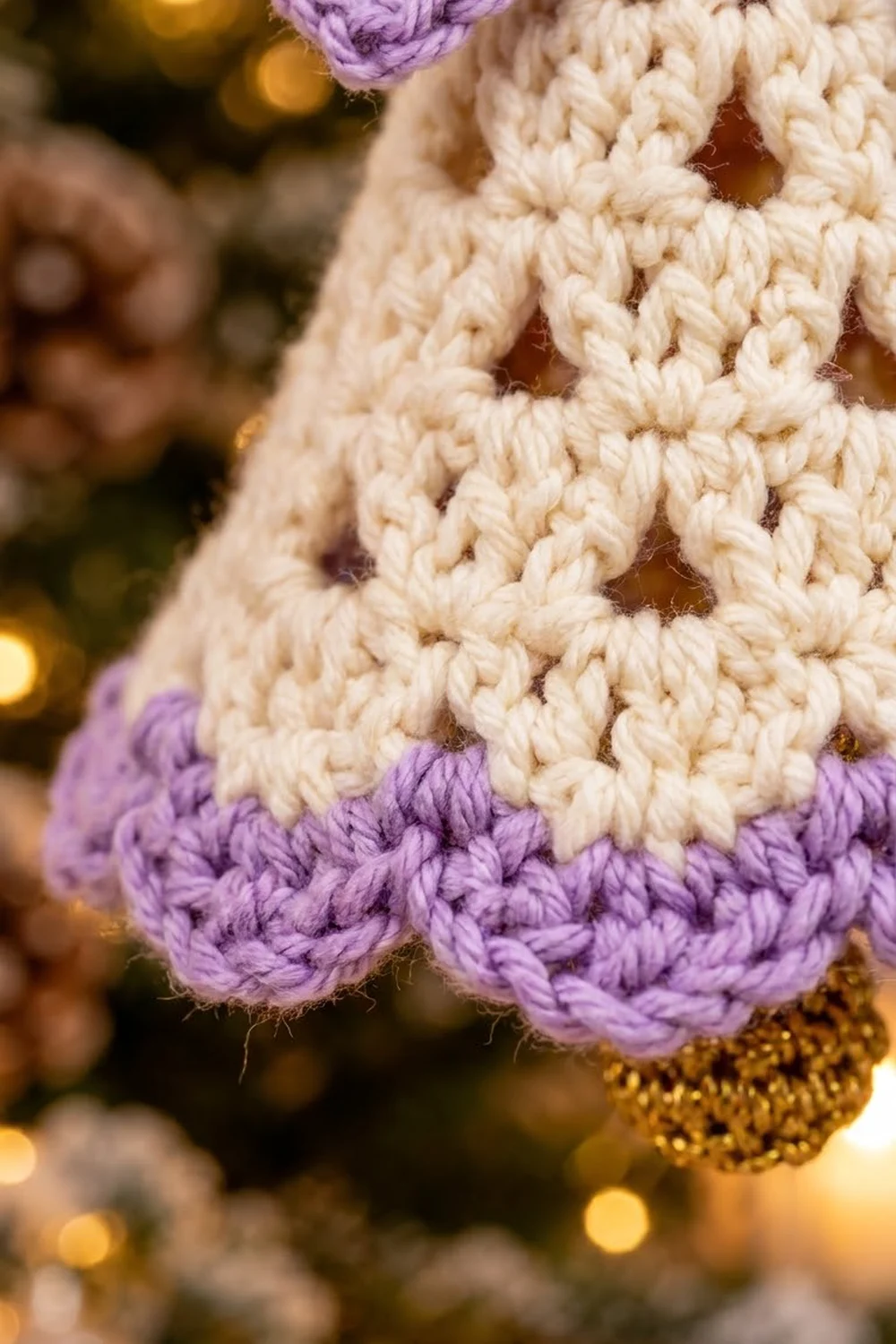 Close-up of cream crochet with purple trim and gold beaded edge against warm golden background.