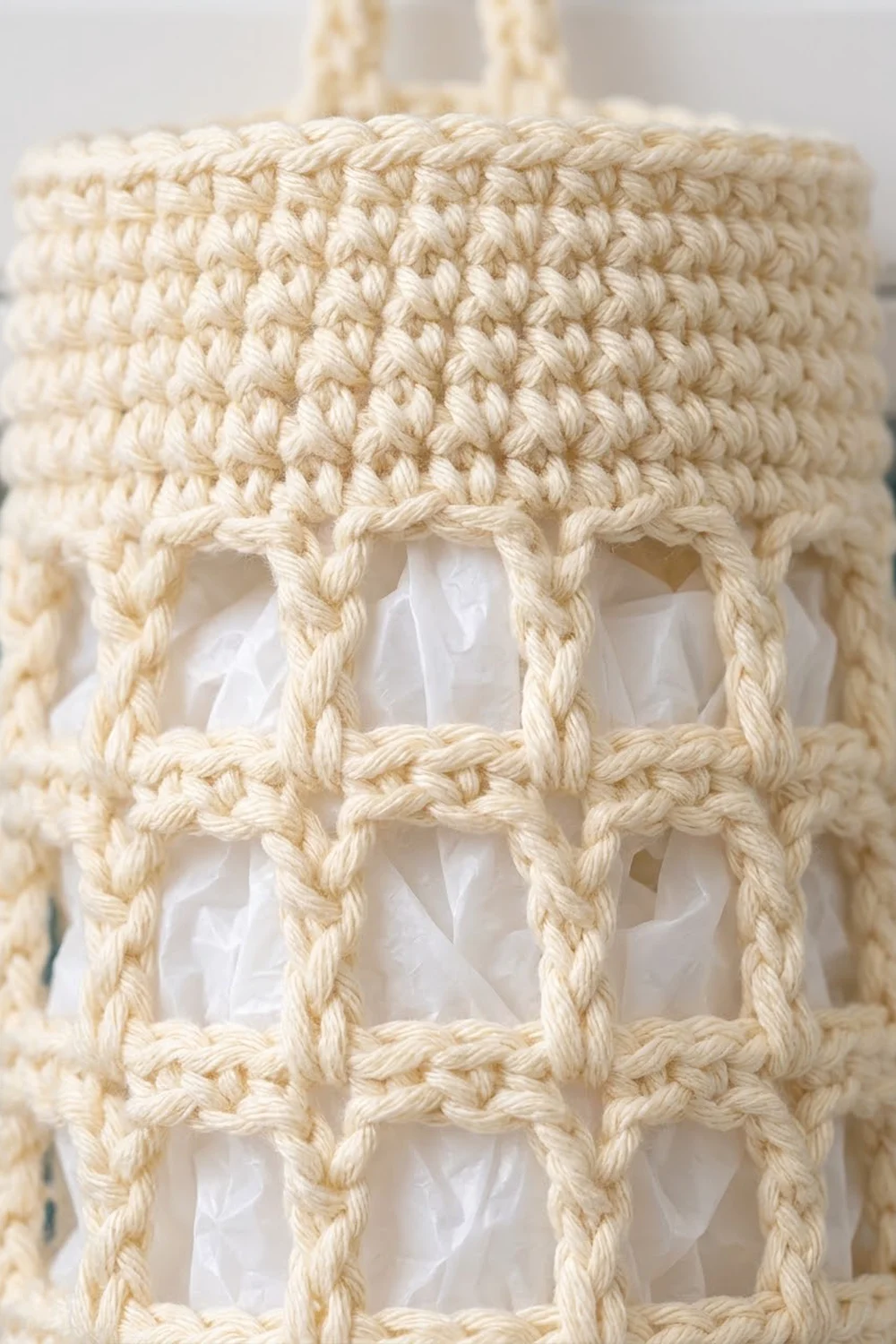 Cream-colored crocheted item with textured stitches above an open lattice weave revealing white fabric beneath.