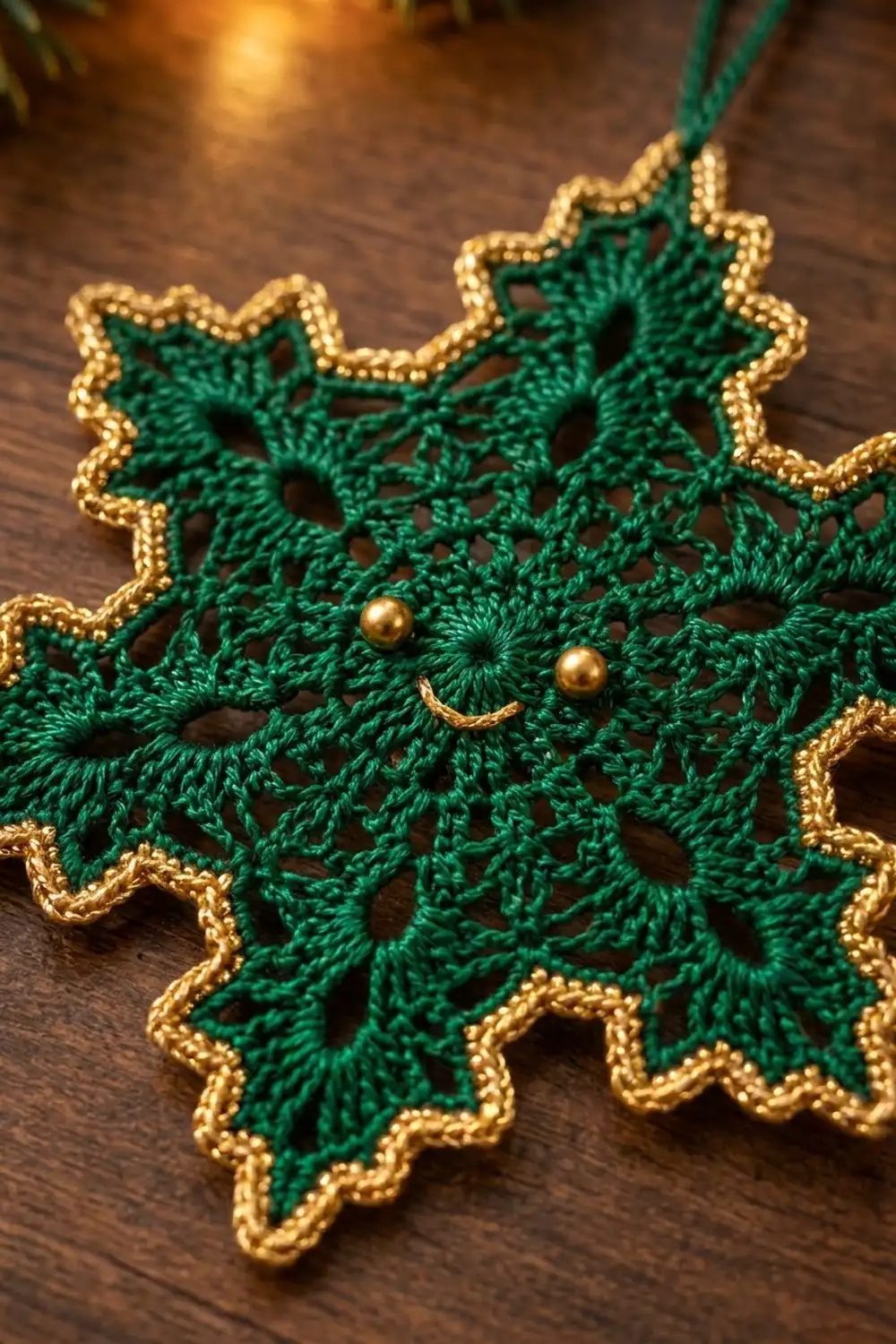 Green crocheted snowflake ornament with gold beaded edges and an embroidered smile, on dark wood.