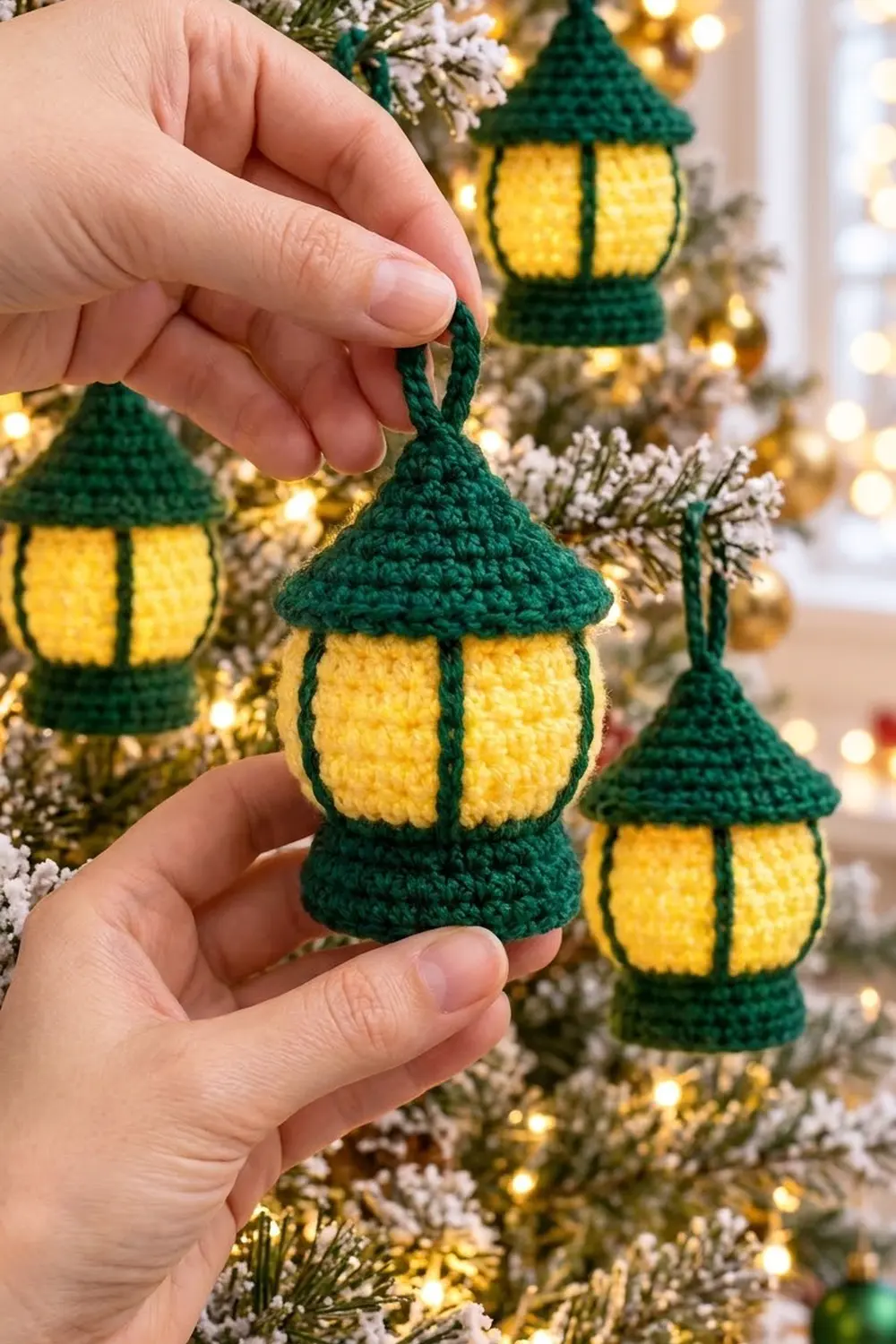 Hand holding a crocheted green and yellow lantern ornament hanging from a snowy garland with golden lights.