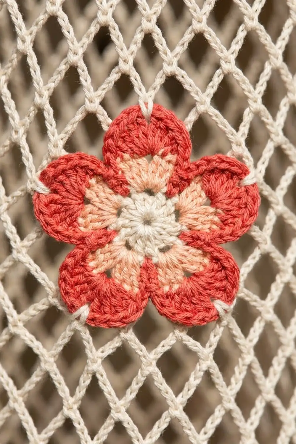 Detailed red and cream crocheted flower with five petals on a white diamond-patterned crochet mesh background.