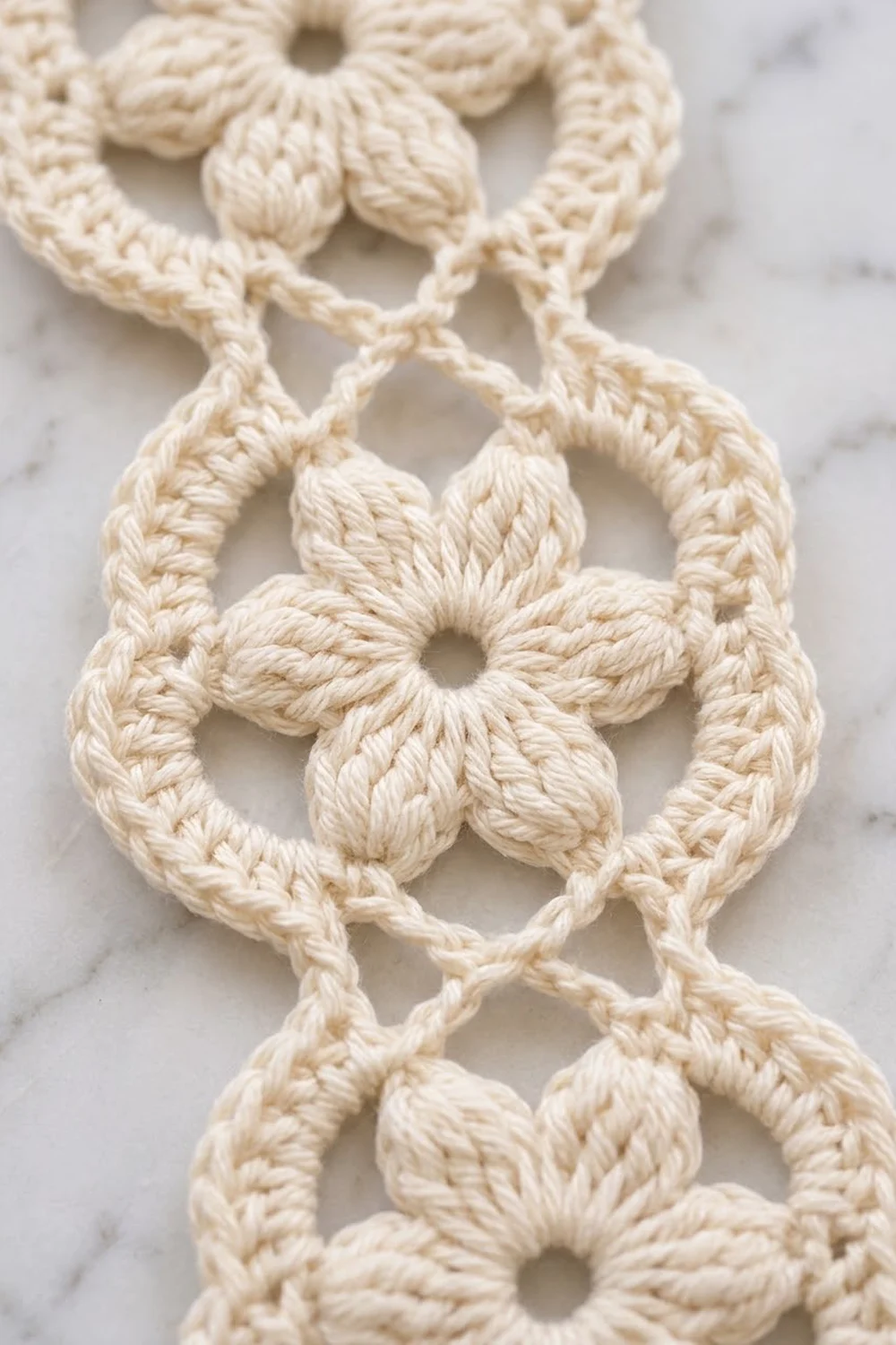 Cream crochet lace with ornamental four-petal flowers and twisted rope sections photographed on white marble.